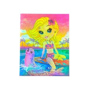 Lisa Frank Pocket Folder Glitter Cassie the Surfer Girl W/ Seal NEW & UNPUNCHED